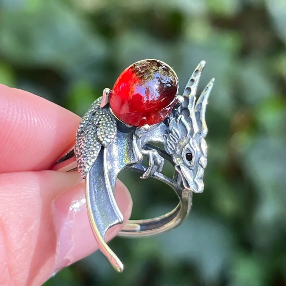 Sterling silver garnet dragon adjustable‎ ring